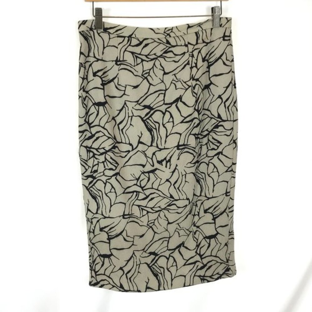 Womens Size 8 Tracy Reese Tan and Black Stretch Silk Floral Midi Skirt